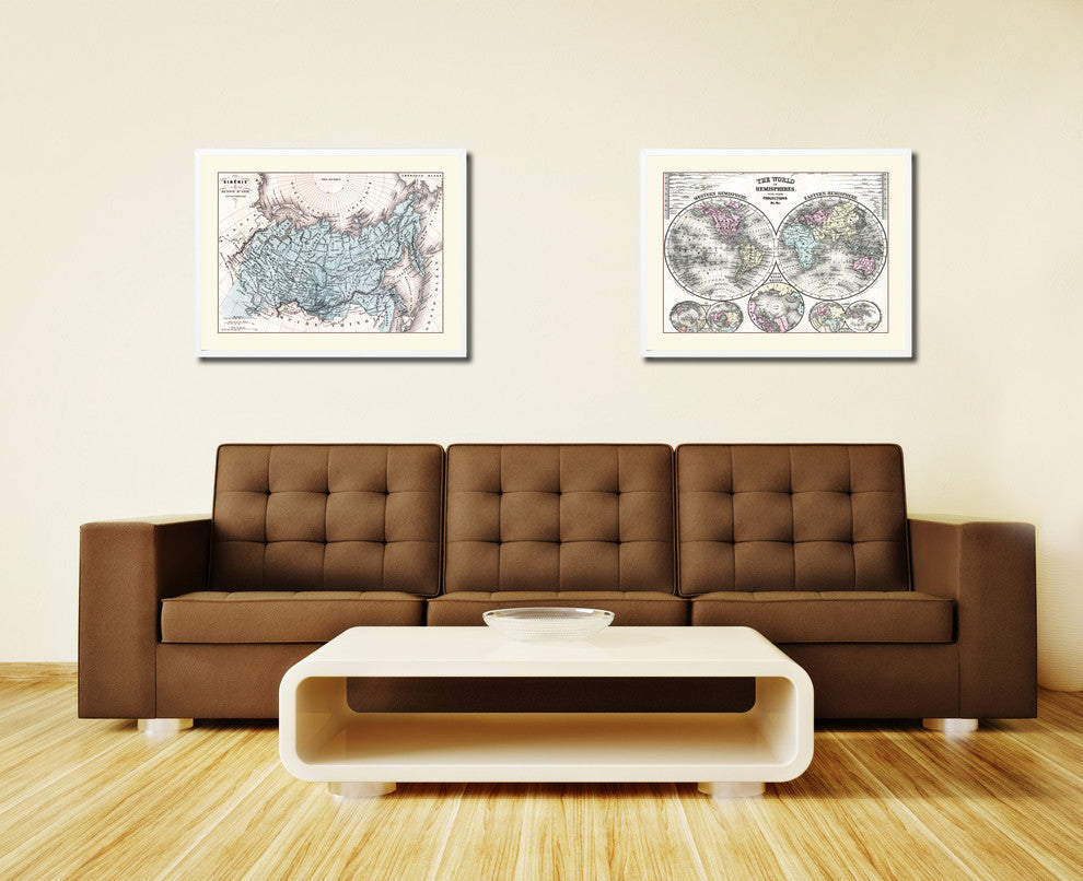 Siberia Russia Old Map Print On Canvas With Frame Art Collection 16" X 21"