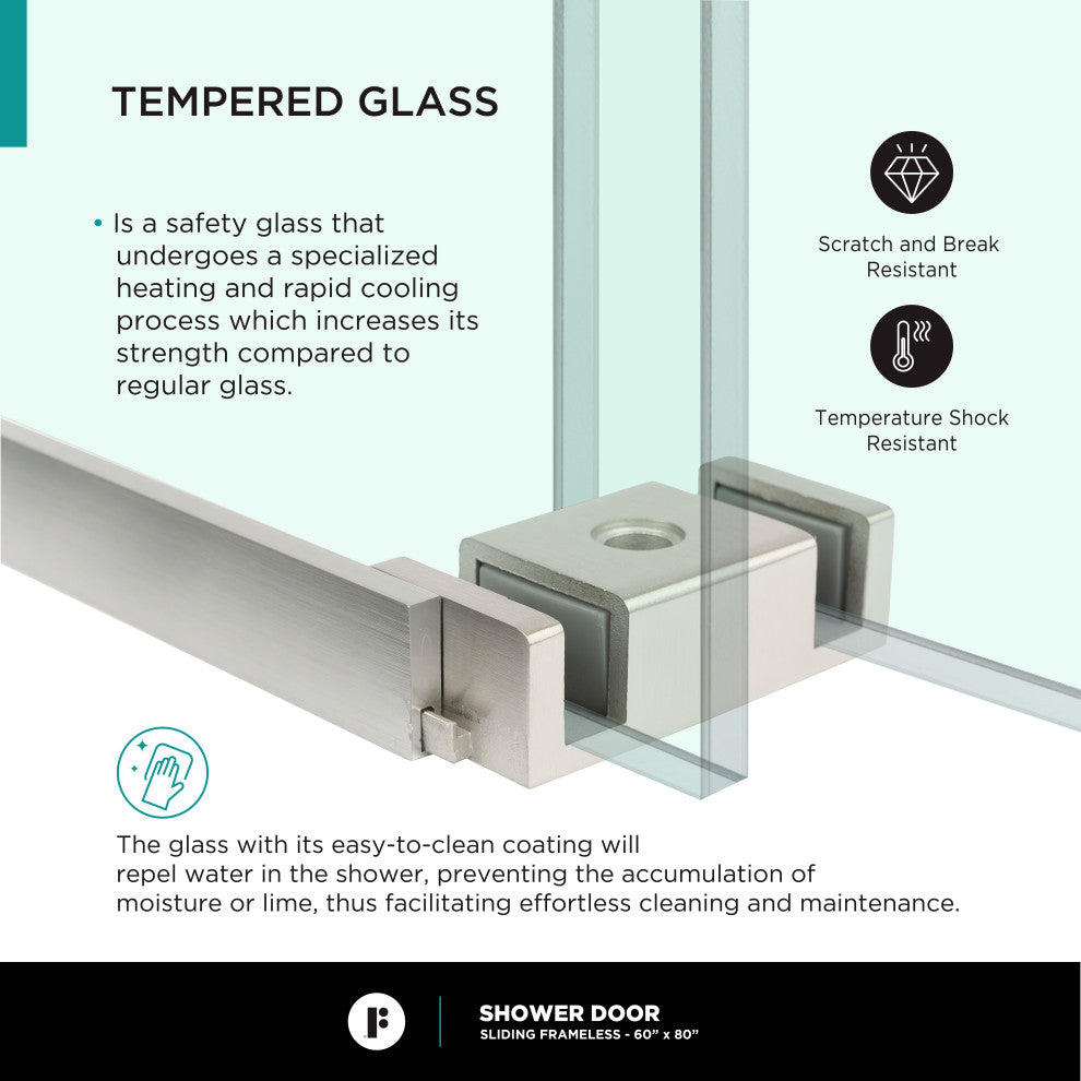 Frameless Clear Sliding Shower Door With Tempered Glass - Shower Bathroom Door, Satin Nickel, 60" X 80", Double Sliding Door