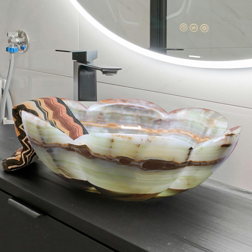 Handmade Marble Onyx Bathroom Sink, 16"�, Flower Vessel Sink, Modern and Elegant, Medium Green