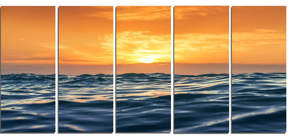 "Blue Waves Dancing At Yellow Sunset" Beach Canvas Wall Art, 5 Panels, 60"x28"