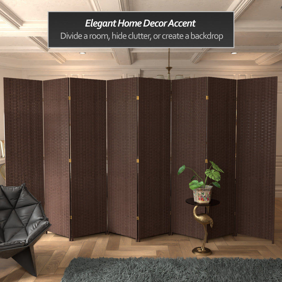 7' Tall Woven Fiber Room Divider, Dark Mocha, 8 Panel