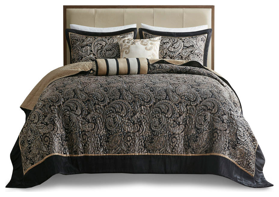 Madison Park Aubrey 5 Piece Reversible Jacquard Bedspread Set, Black