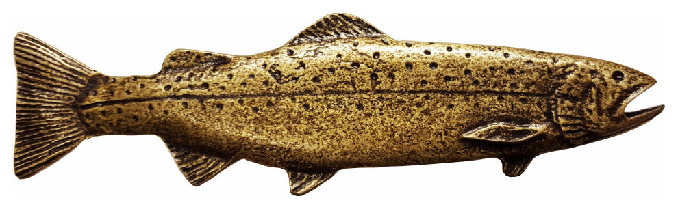 New Long Trout Right Face Cabinet Pull, Antique Brass