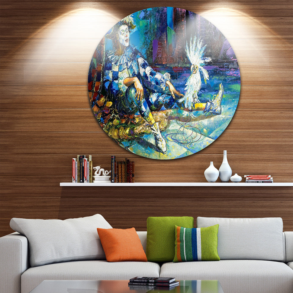 The Harlequin And White Parrot, Contemporary Round Metal Wall Art, 23"