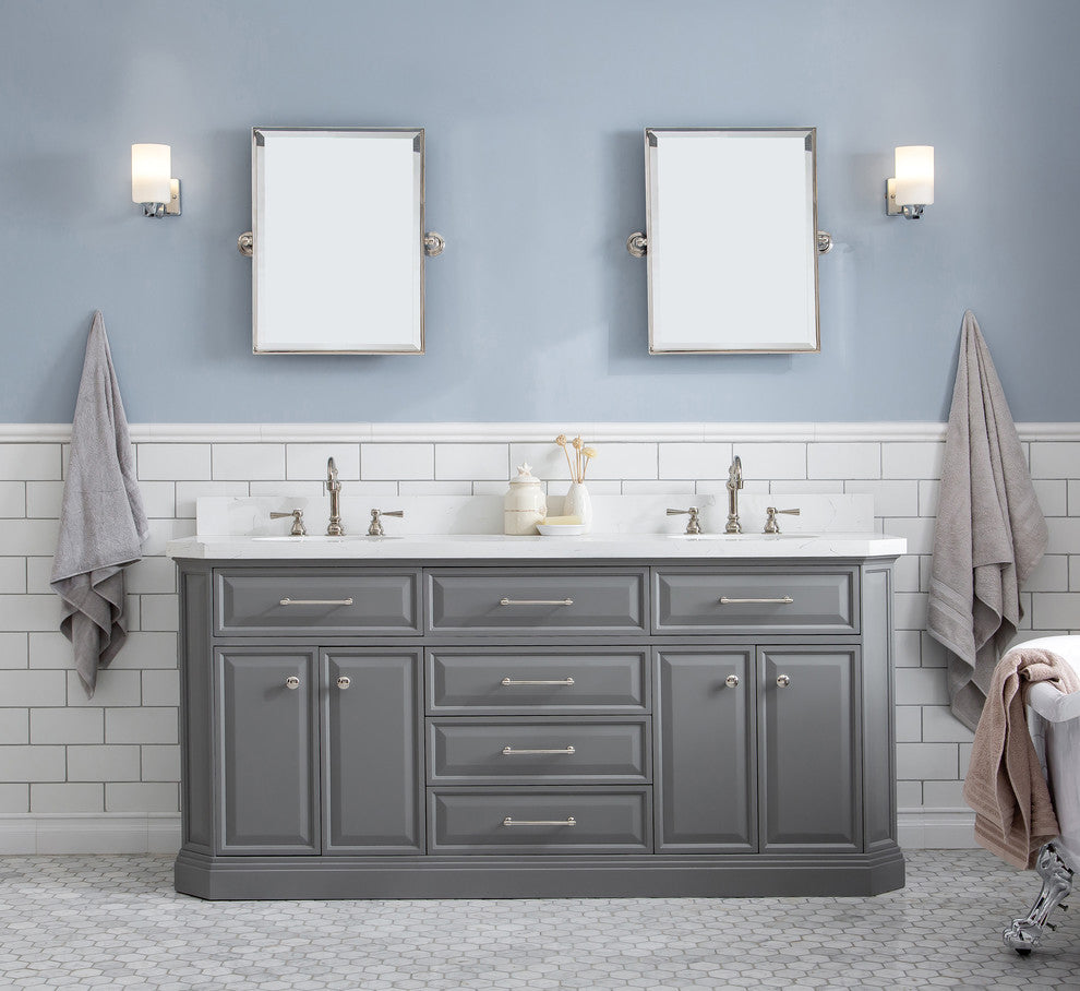 72" Palace Quartz Cashmere Gray Vanity With Hardware, Faucets in Polished Nickel