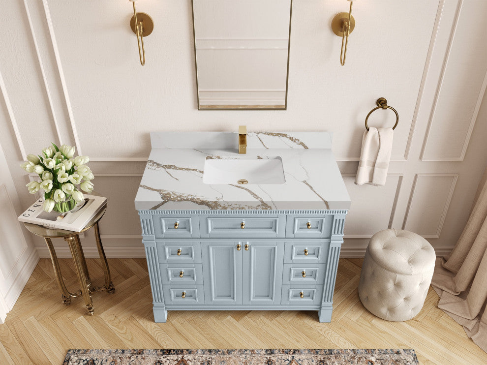 Paris 42" Single Sink Bathroom Vanity, Blue Heather 2" Calacatta Gold
