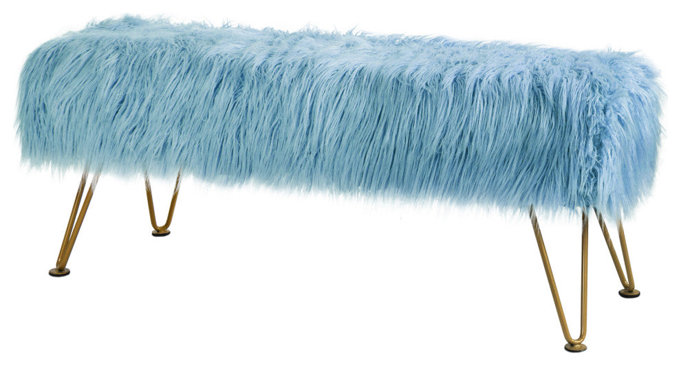 Mongolian Faux Fur Upholstered Ottoman Bench, Forget Me Not, 46x16x22