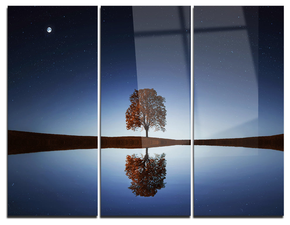 "Tree Near Lake at Night" Photography Metal Wall Art, 3 Panels, 36"x28"