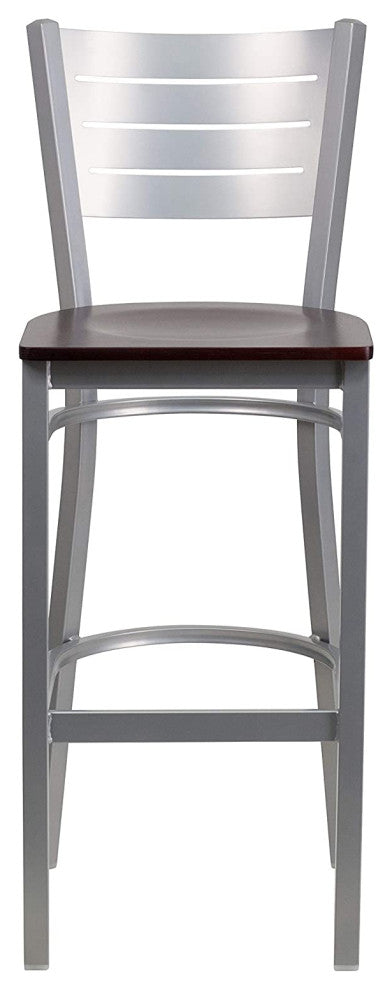 Set of 2 Bar Stool, Silver Metal Frame With Ladder Backrest, Mahogany Wood Seat