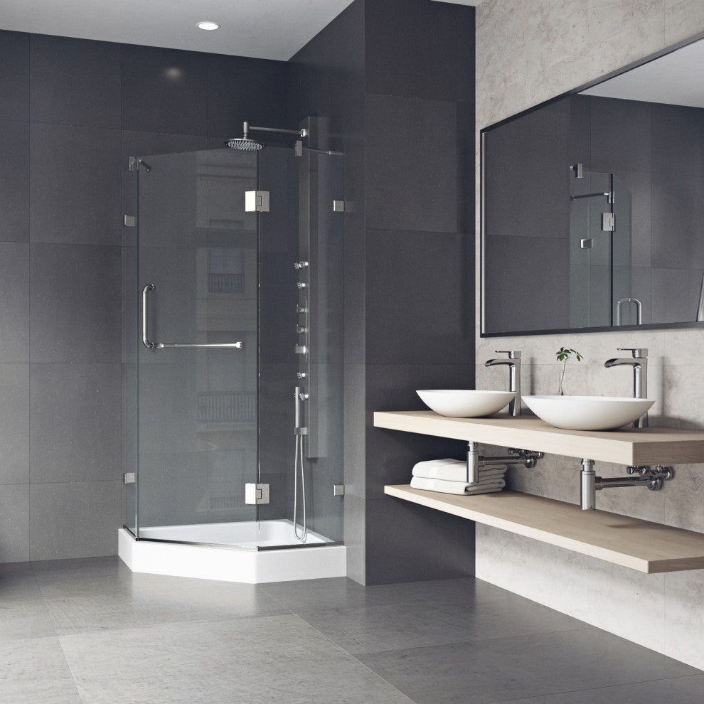 VIGO Piedmont Frameless Hinged Neo-Angle Shower Enclosure, Brushed Nickel, 40" D X 40" W, High Base