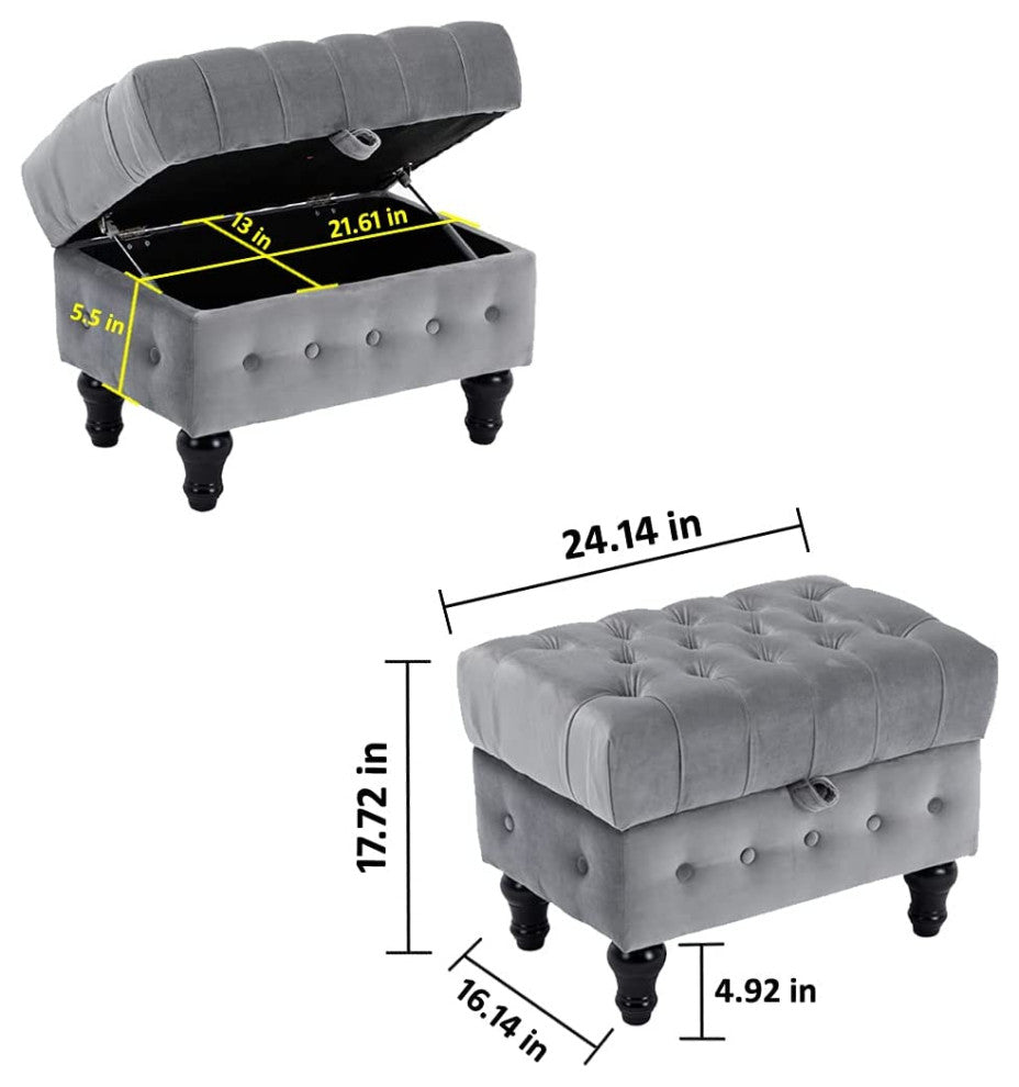 Button Tufted Upholstery Footstool for Bedroom and for Living Room, Grey