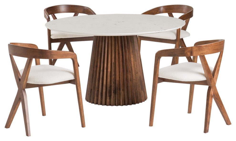 Modrest Nancy Mid-Century Modern White Marble + Walnut Round Dining Table