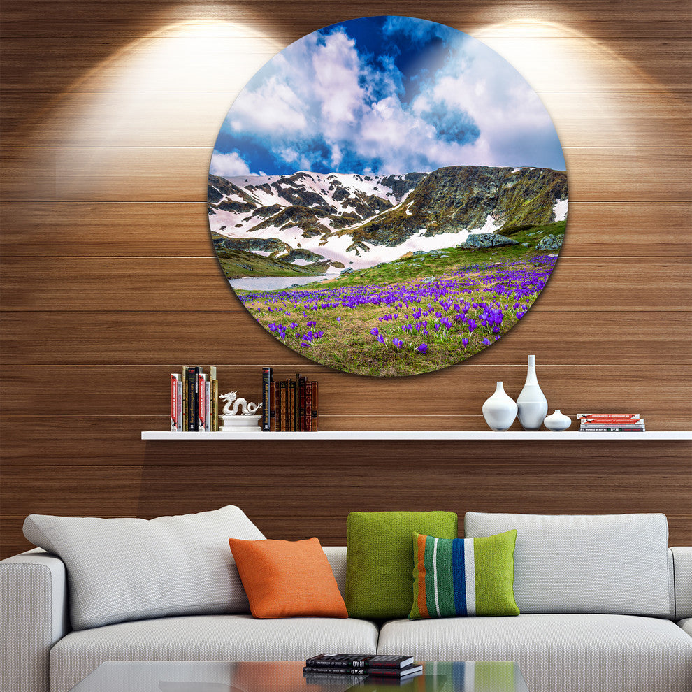 Spring Blooming Crocus Flowers, Landscape Disc Metal Artwork, 36"