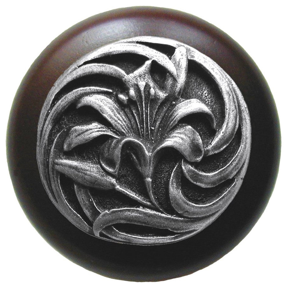 Tiger Lily Wood Knob, Antique Brass, Dark Walnut Wood Finish, Antique Pewter