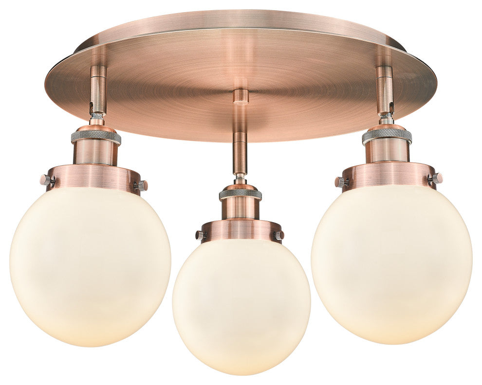 Beacon-3 Light 18" Flush Mount-Antique Copper, Matte White Glass Shade