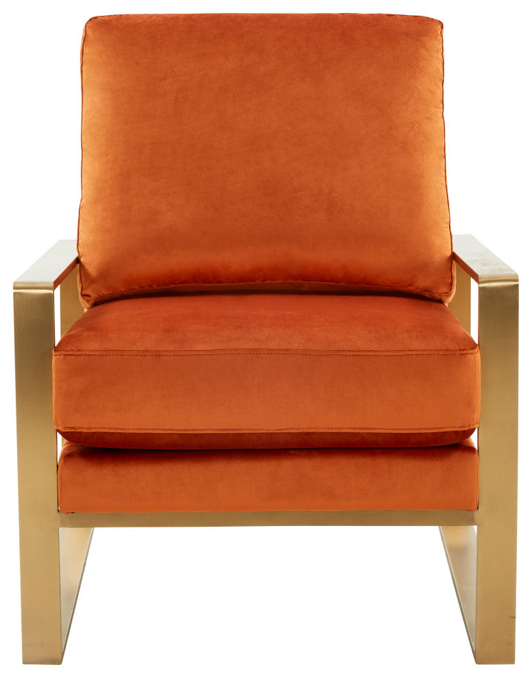 LeisureMod Jefferson Velvet Accent Armchair With Gold Frame, Orange Marmalade