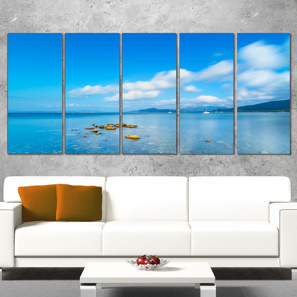 "Rocks in A Blue Panoramic Sea Bay" Seashore Wall Art, 5 Panels, 60"x28"