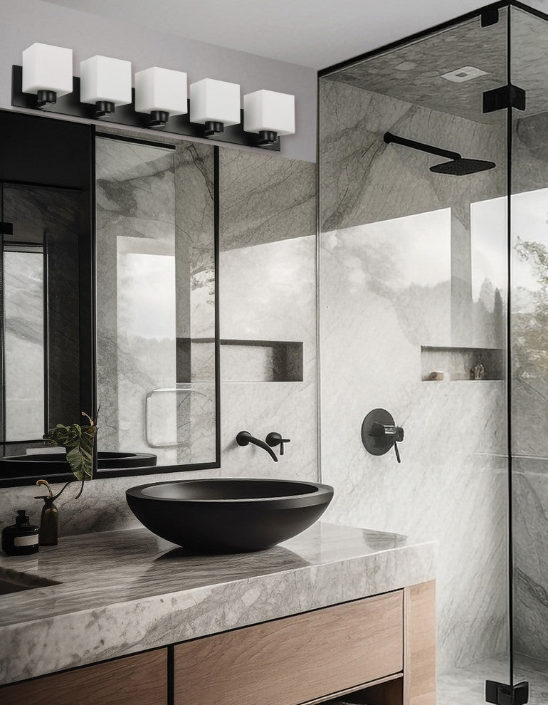 Veda Vanity, 5 Light, Matte Black, White Opal Glass