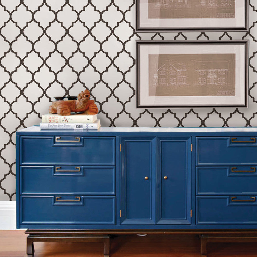 Moroccan Peel and Stick Vinyl Wallpaper, Off White Brown, 24" X 60"