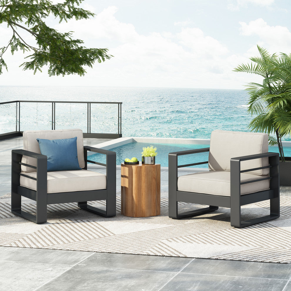 Gadd Outdoor Aluminum Club Chair with Cushions, Black/Beige, Set of 2