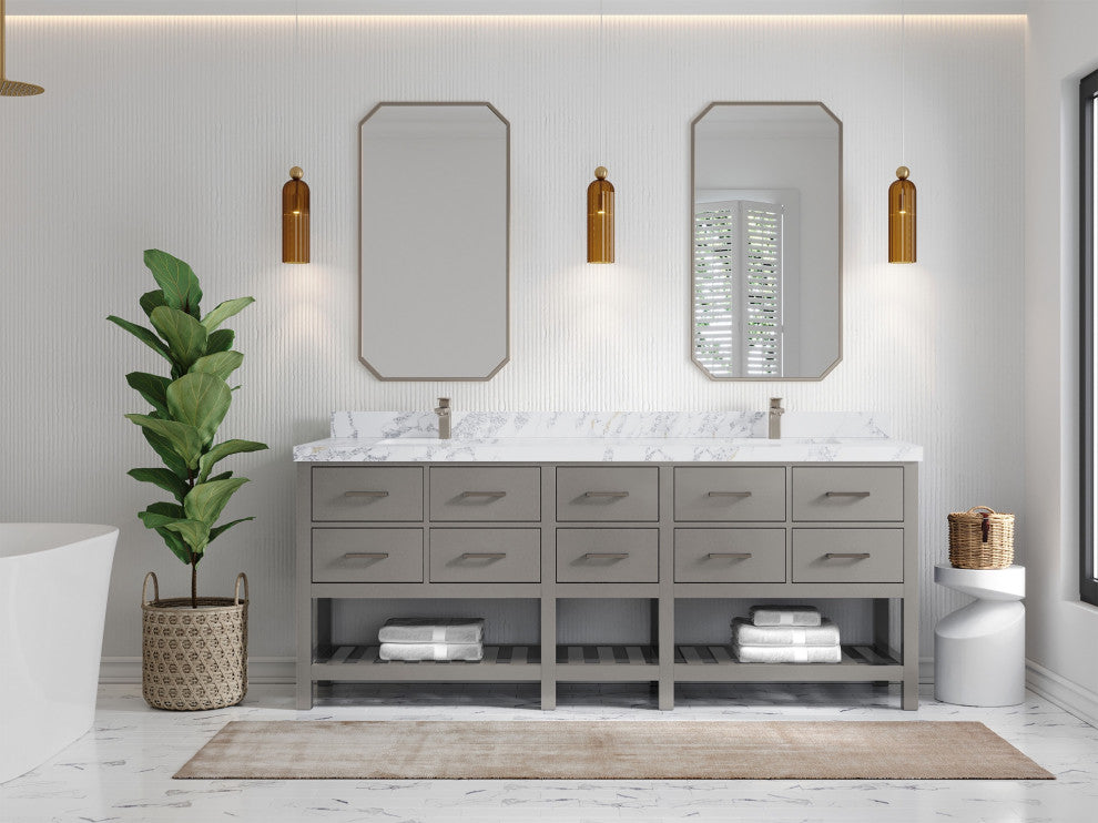 Parker 84" Double Sink Bath Vanity, Elephant Skin Gray 2" Calacatta Poanazzo