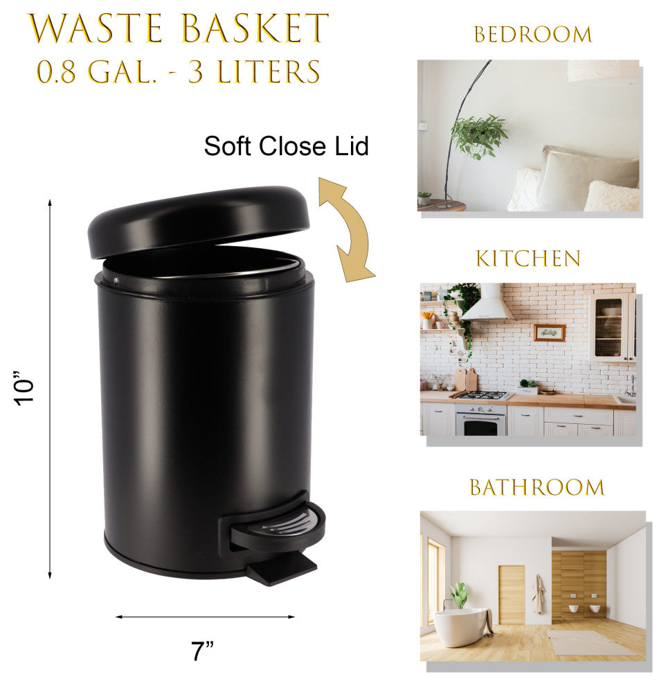Evideco Soft Close Small Round Metal Floor Step Trash Can Waste Bin, Black
