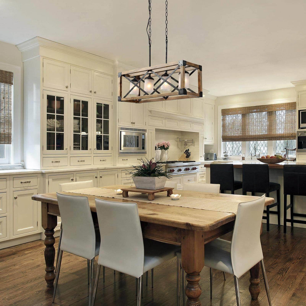 LNC 4-Light Farmhouse Distressed Wood Linear Kitchen Island Light, Frosted Glass Shade