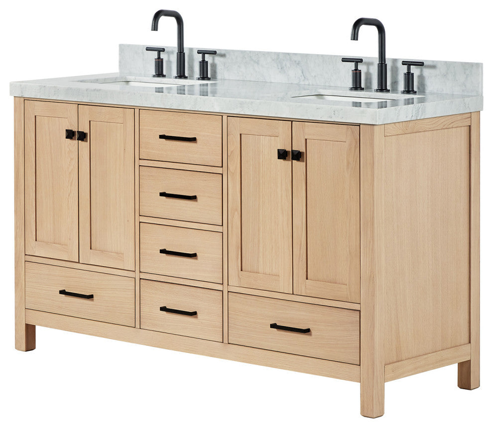 Cambridge 60" Double Bath Vanity With Italian Carrara Marble Top, Oak