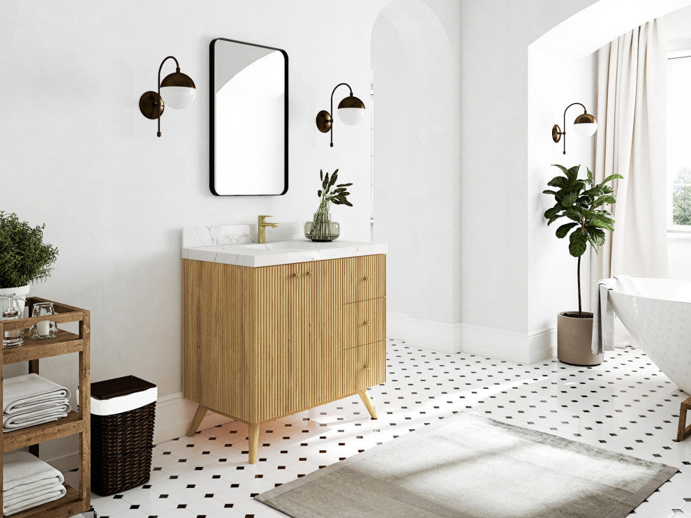 Pasadena 36 Center Sink Bath Vanity in Light Natural Teak 2" Viola Gold