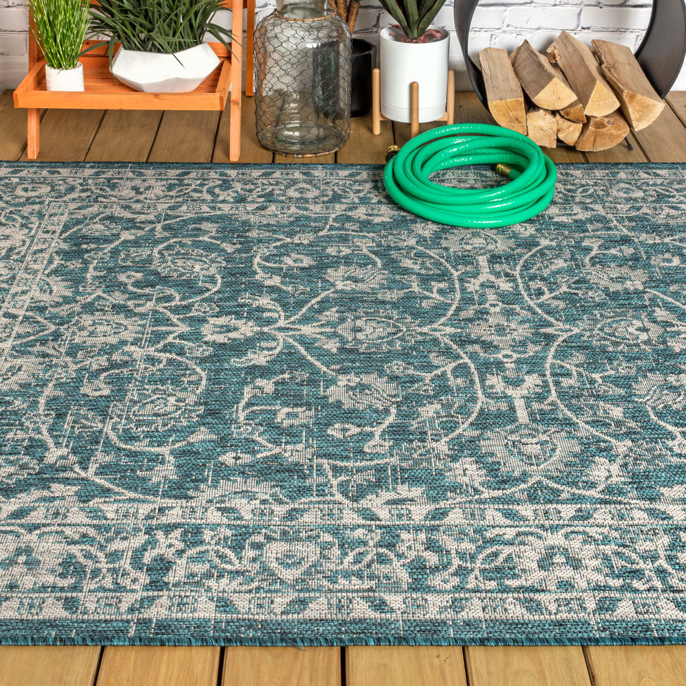 Palazzo Vine and Border Textured Weave Indoor and Outdoor Area Rug, Teal and Gra