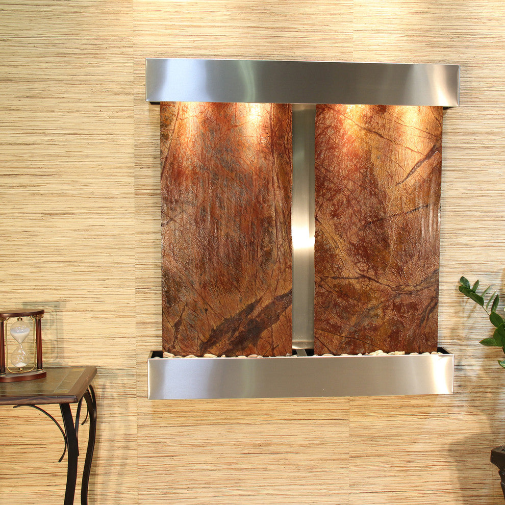 Aspen Falls Water Fountain, Brown Marble, Stainless Steel, Square