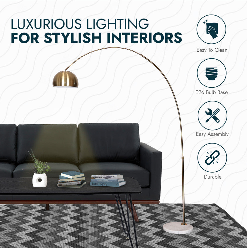 Leisuremod Arco Floor Lamp With White Marble Base and Metal Lamp Shade, Gold