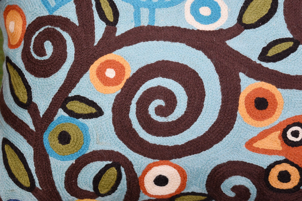 Lumbar Blue Tree Of Life Pillow Cover Birds Accent Pillows Handmade Wool 14x20"