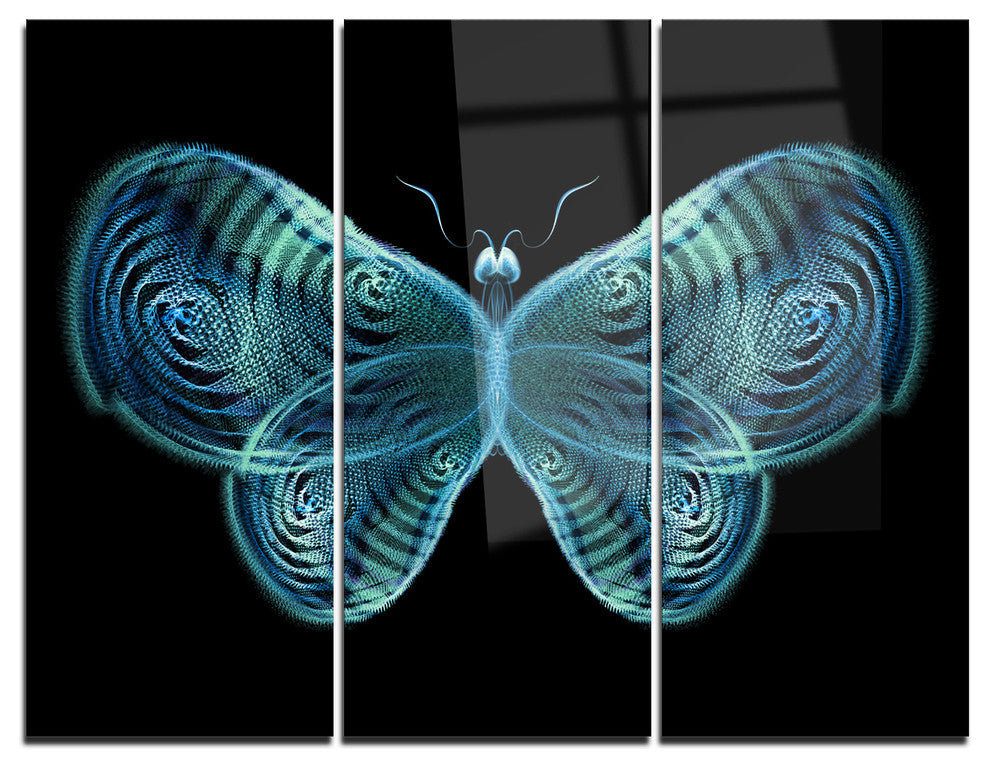 "Light Blue Fractal Butterfly in Dark" Metal Wall Art, 3 Panels, 36"x28"