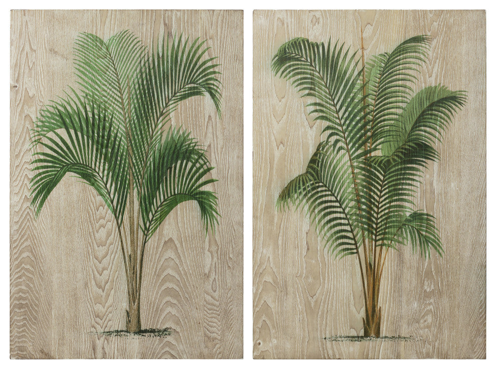 Coastal Palm Fine Giclee Printed on Hand Finished Ash Wood Wall Art, Diptych Set