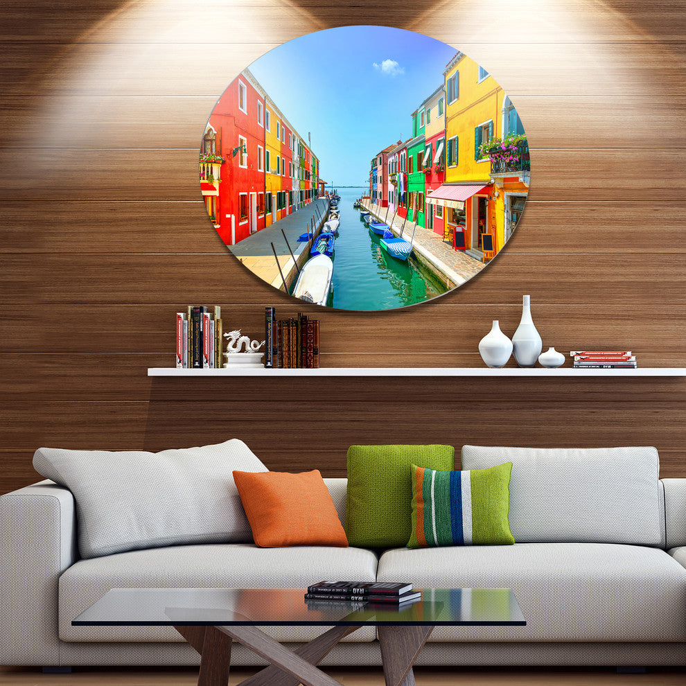 Colorful Burano Island Canal Venice, Landscape Disc Metal Wall Art, 36"