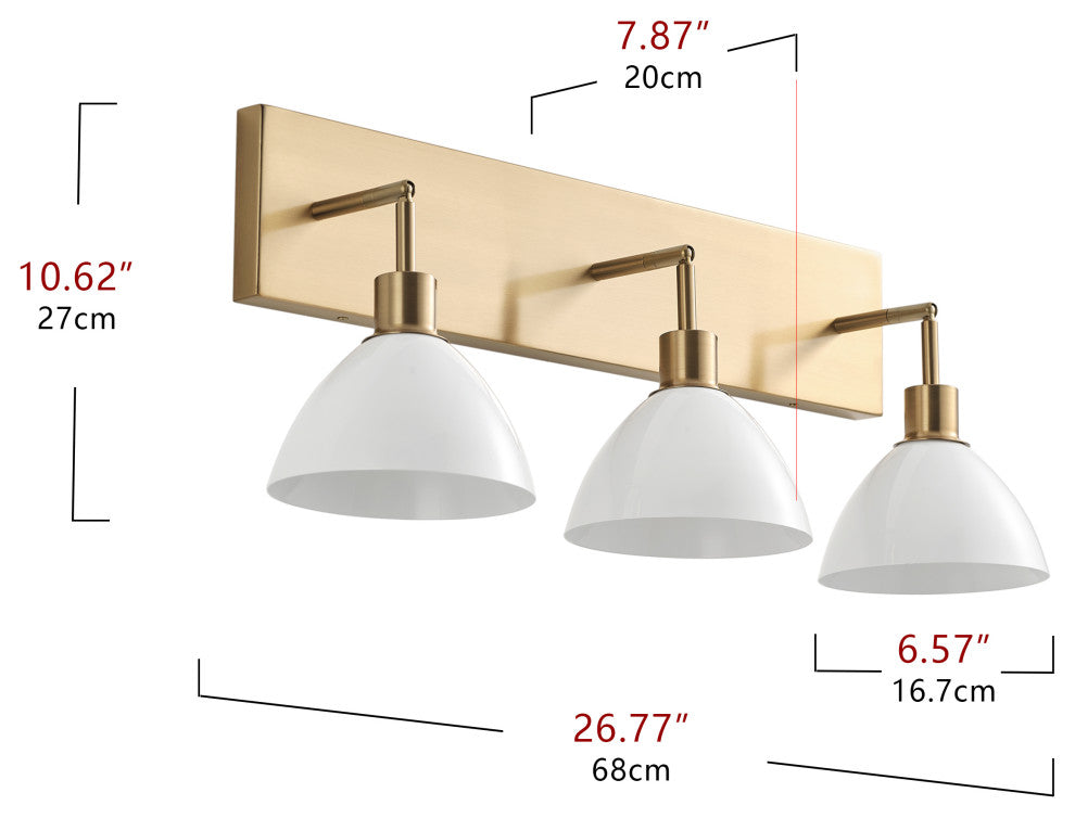 Modern 3-Light Bathroom Vanity Light Over Mirror with White Shades, Gold