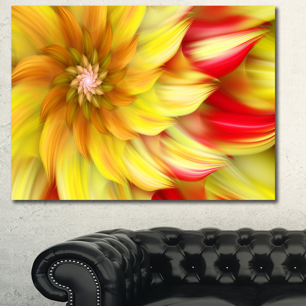 Rotating Yellow Red Fractal Flower, Large Floral Canvas Art Print, 60x40