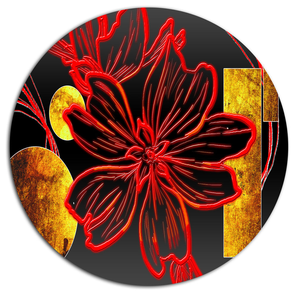 Abstract Red Flower Painting, Modern Flower Disc Metal Artwork, 38"