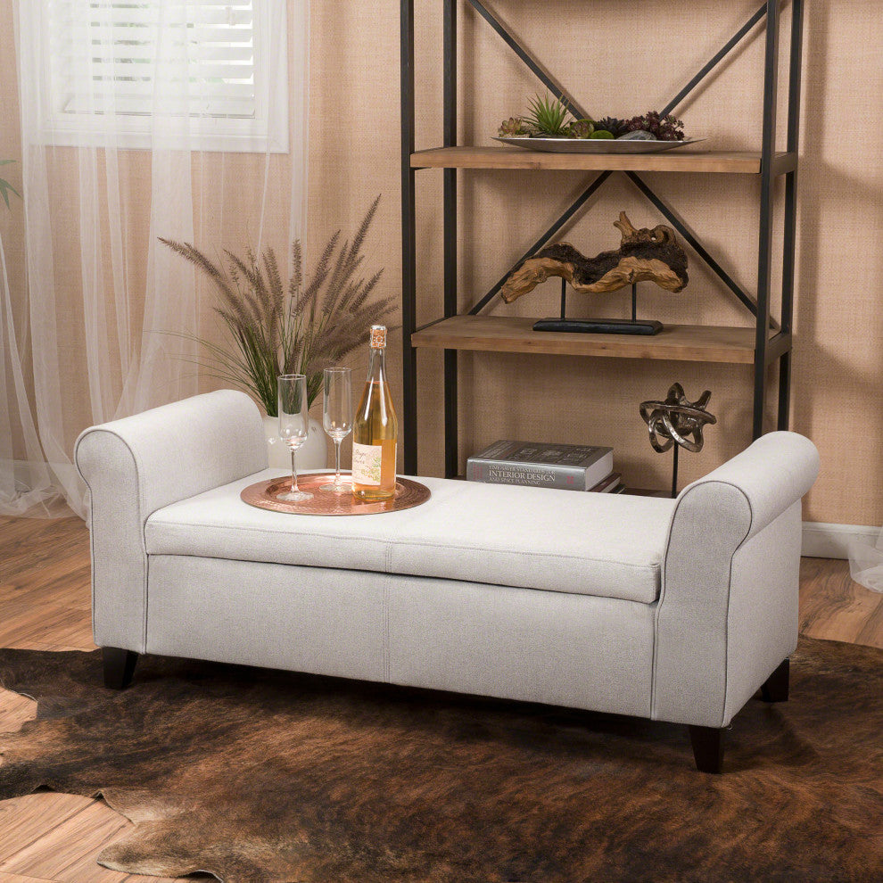 GDF Studio Hayes Contemporary Fabric Storage Ottoman Bench with Rolled Arms, Light Gray