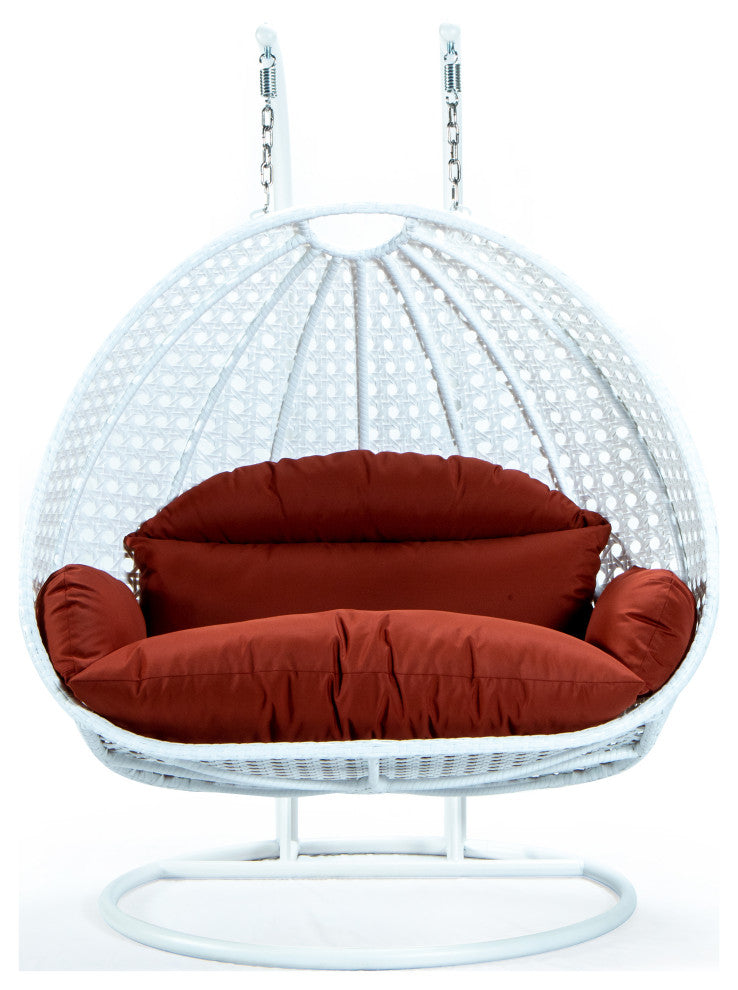 2 Person White Wicker Double Hanging Egg Swing Chair, Dark Orange