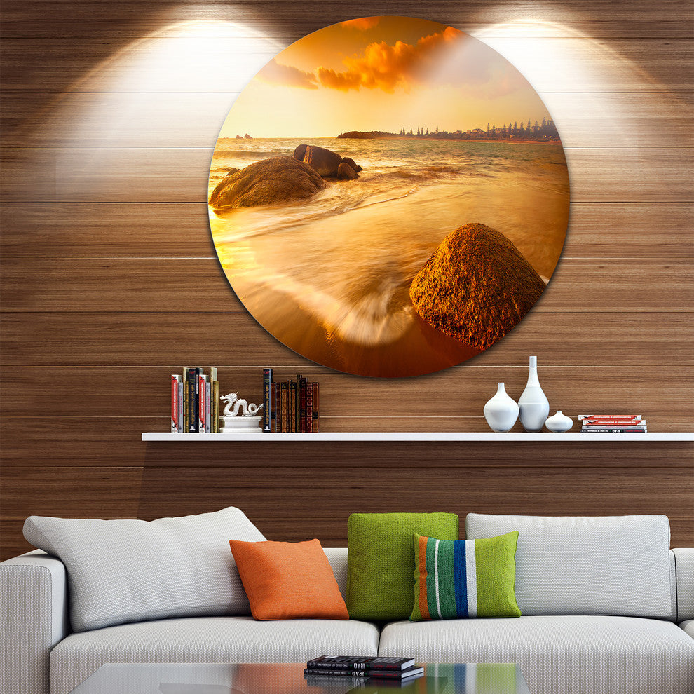 Sun Tinted Beach, Photography Round Metal Wall Art, 11"