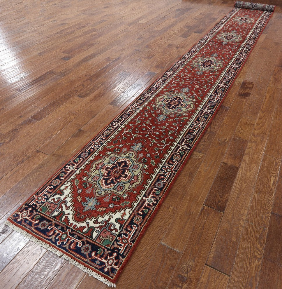 Oriental 3'x20' Red & Blue Heriz Serapi Runner Hand Knotted Wool Rug H9238