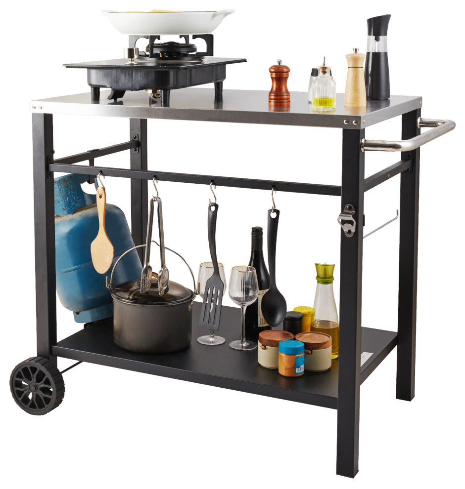 VEVOR Outdoor Grill Dining Cart Double-Shelf BBQ Movable Food Prep Trolley Patio