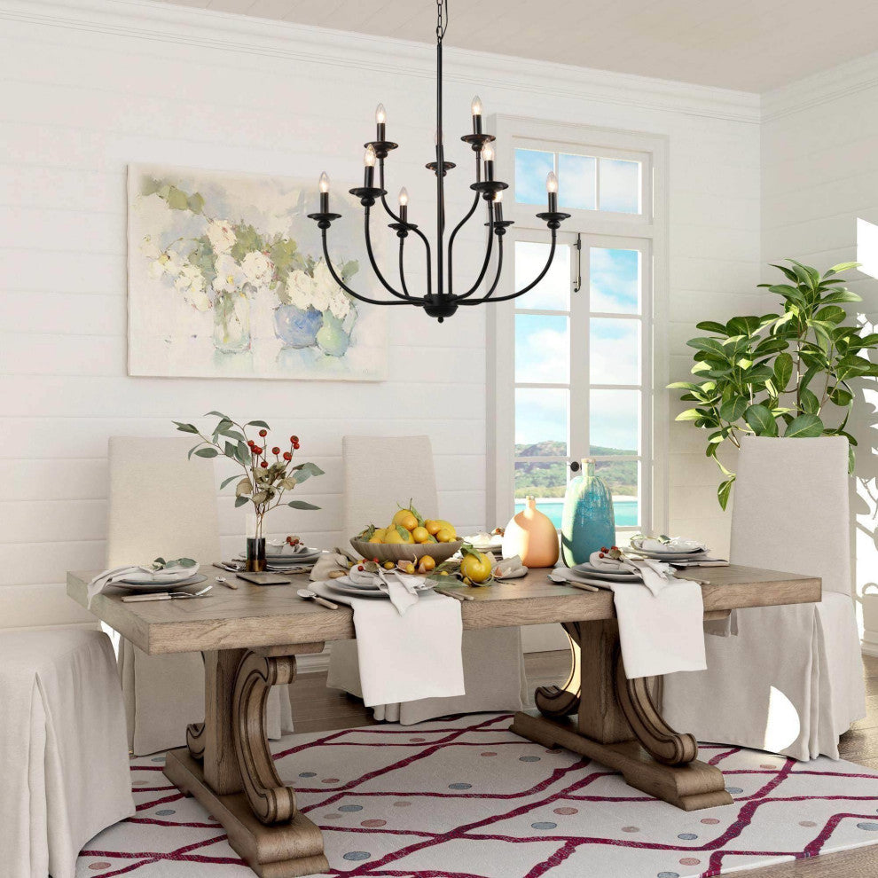 LALUZ 2-Tier Black Modern Farmhouse Candle-Style Chandeliers, 9-Light