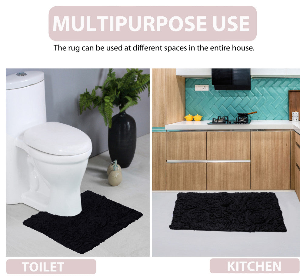 Bell Flower Collection Cotton Bath Rug, 21"x34", Black