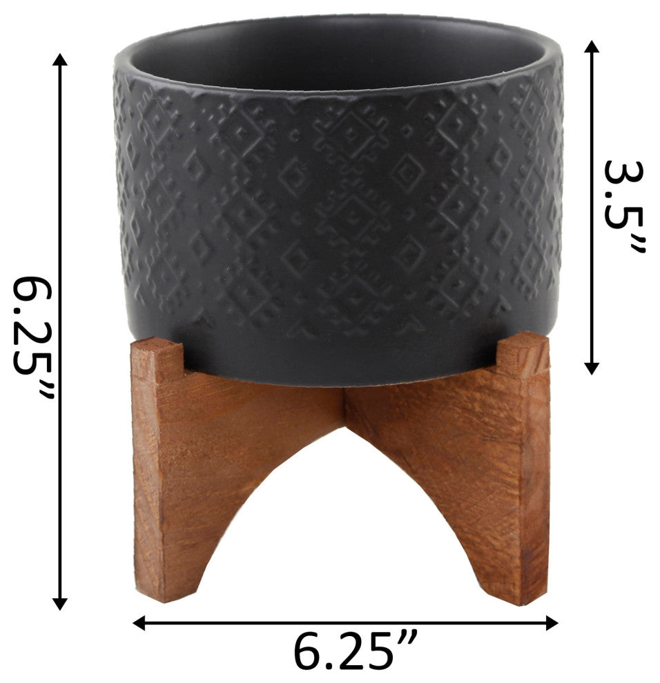 5" Indian Ceramic Planter On Wood Stand, Matte Black