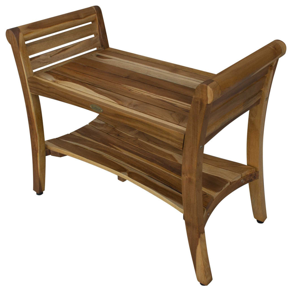 HomeRoots Rectangular Teak Shower Bench With Shelf and Handles, NaturalFinish