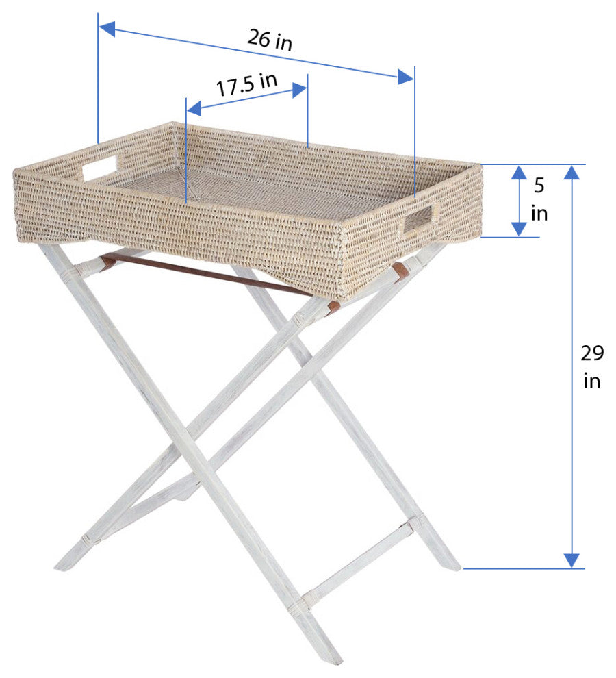 La Jolla Handwoven Rattan Butler Tray With Folding Wood Stand, White-Wash