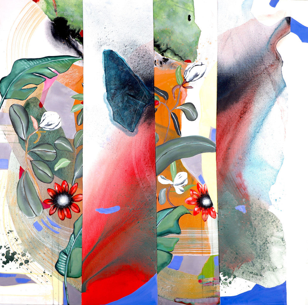Sunflower landscape painting, Abstract minimal artwork, Mixed media art
